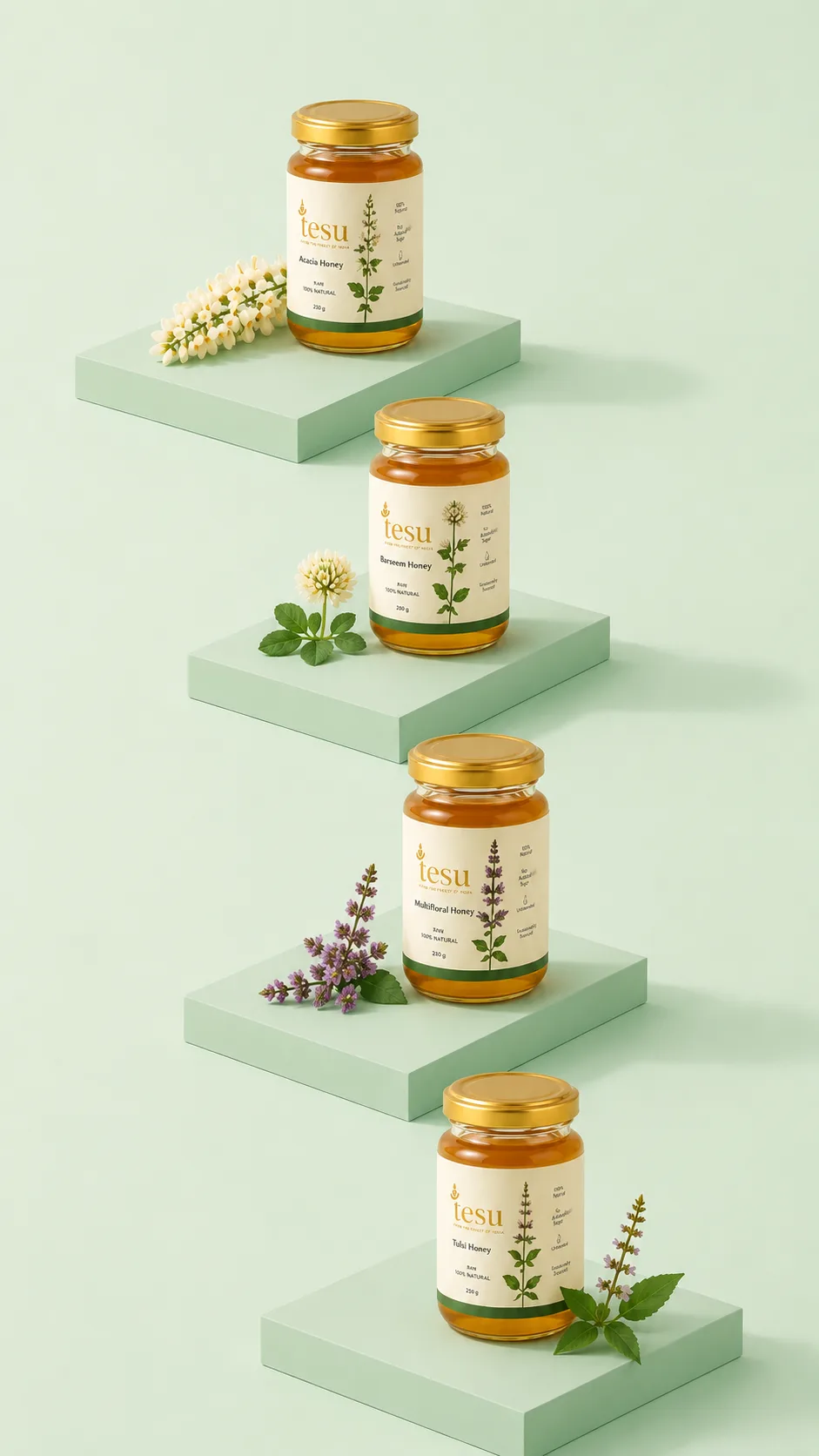 All four Tesu honeys — Acacia, Barseem, Multifloral and Tulsi